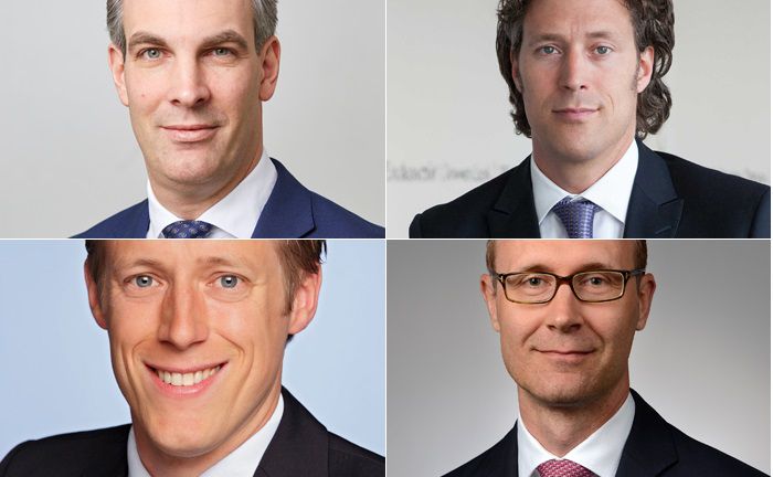 Übernehmen jeweils eine der insgesamt sechs leitenden Vertriebspositionen bei Amundi (im Uhrzeigersinn, beginnend links oben): Daniel Reitz, Nils Hemmer, Tobias Löschmann und Hermann Pfeifer