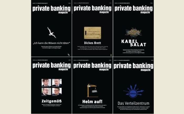 Die Cover der Ausgaben des private banking magazin 2018. 