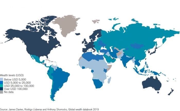 World Wealth Map des Credit Suisse Global Wealth Report 2019: Der Report erscheint im mittlerweile zehnten Jahr. 