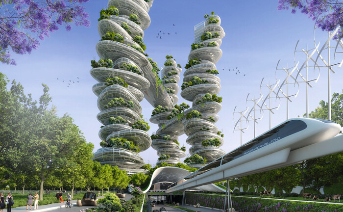 Vielleicht die Stadt der Zukunft: Konzept „2050 Paris Smart City” des belgischen Architekten Vincent Callebaut mit Antismog-Türmen, begrünten Hochhäusern und nachhaltigen Energiequellen | ©  VINCENT CALLEBAUT ARCHITECTURES