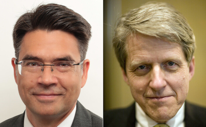 Natixis-Chefvolkswirt Dirk Schumacher (l.) und Nobelpreisträger Robert Shiller