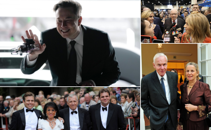 Elon Musk (links oben), Familie Sixt (links unten), Warren Buffett (rechts oben) und Francine von Finck