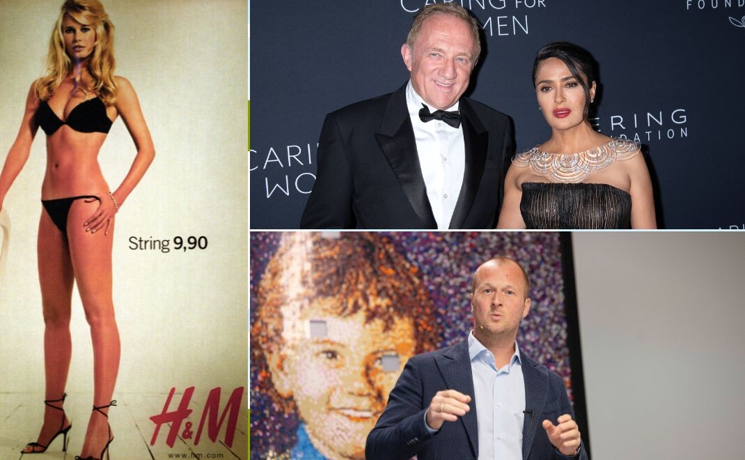 Claudia Schiffer warb 2001 f&uuml;r H&M (l.). Hinter dem modekonzern steht die Familie Persson. Ihr Family Office hei&szlig;t Ramsbury. François Pinault, Besitzer von Gucci und - hier mit Ehefrau Salma Hayek - steuer seine Finanzen &uuml;ber die Groupe Artémis. Thomas Ki