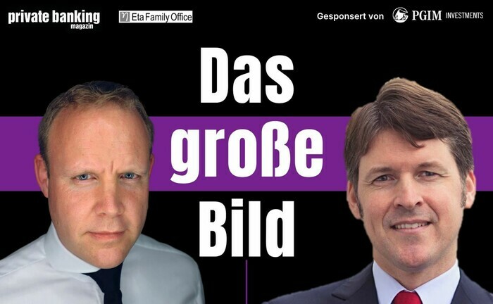 Christian Hammes (links) spricht in der zweiten Folge der 12. Staffel von „Das große Bild“ mit Till Christian Budelmann, Investmentchef der Privatbank Bergos. | © private banking magazin