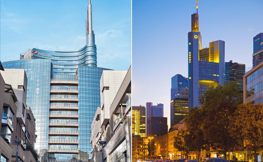 Der Torre Unicredit in Mailand (l.) ist mit einer Gesamth&ouml;he von 231 Metern das h&ouml;chste Geb&auml;ude Italiens. Einschlie&szlig;lich der Turmspitze sind es sogar 238 Meter. Der Commerzbank Tower in Frankfurt musst sogar 259 Meter.