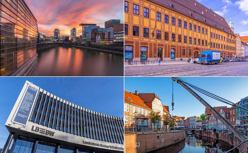 Von oben links nach unten rechts: der Medienhafen in Düsseldorf, die Fürst Fugger Bank in Augsburg, die LBBW in Stuttgart, die Innenstadt von Stade.