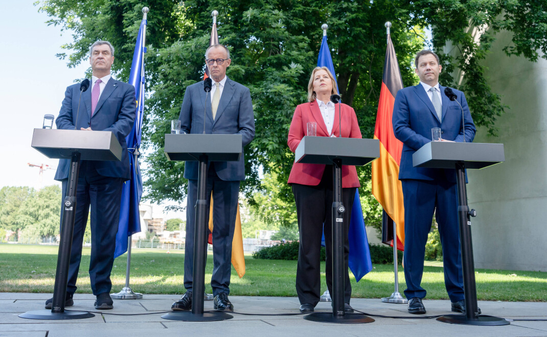 Lars Klingbeil, Bundesfinanzminister, B&auml;rbel Bas, SPD-Parteivorsitzende, Bundeskanzler Friedrich Merz und Markus S&ouml;der, CSU-Parteivorsitzender (v.r.) 