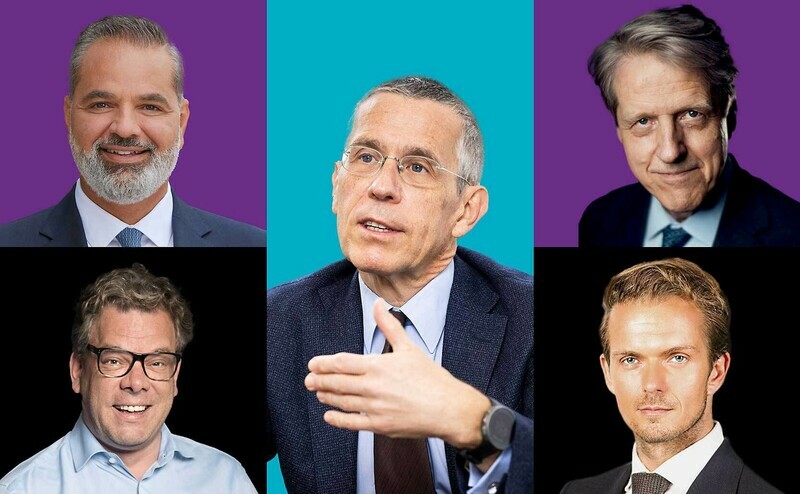 Hussam Masri von der Dekabank (oben links) und Malte Dreher vom private banking magazin sprachen im Expertengespräch mit Nobelpreisträger Robert Shiller (oben rechts) und Patrick Sobotta von Natixis IM (unten links). Bruno Poulin von Ossiam (Mitte) ordnet ein, welche Rolle das Shiller-KGV aktuell spielt.