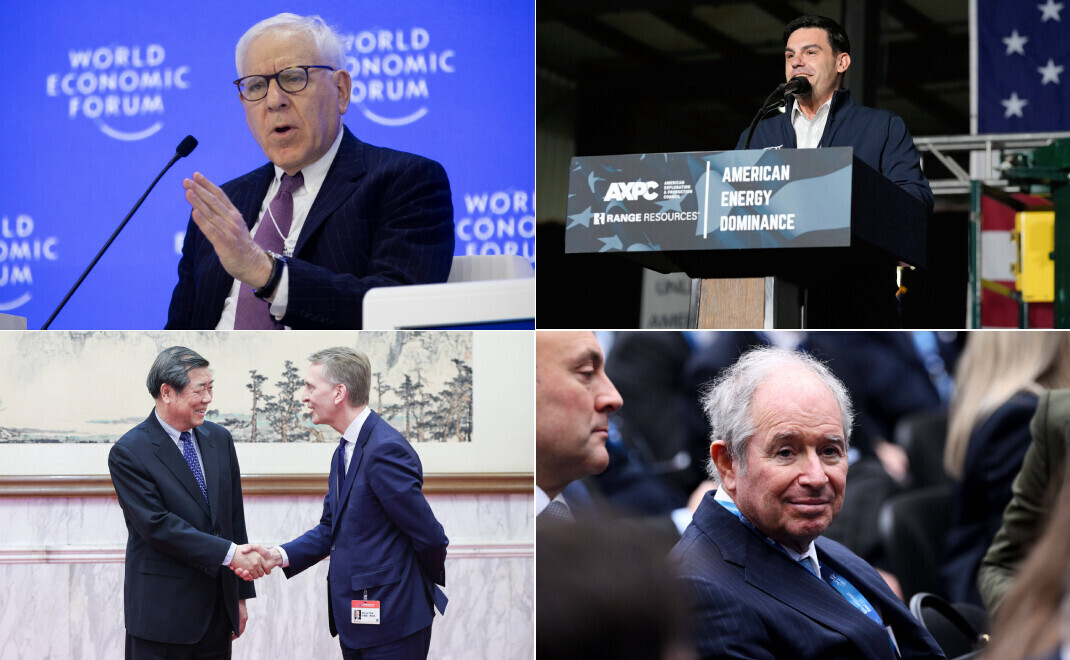 David M. Rubenstein, Mitgründer von Carlyle (von oben links im Uhrzeigersinn); Toby Z. Rice, CEO von EQT; Bruce Flatt (rechts im Bild bei einem Besuch in Peking), CEO von Brookfield Asset Management, und Stephen Schwarzman, Vorstandsvorsitzender von Blackstone