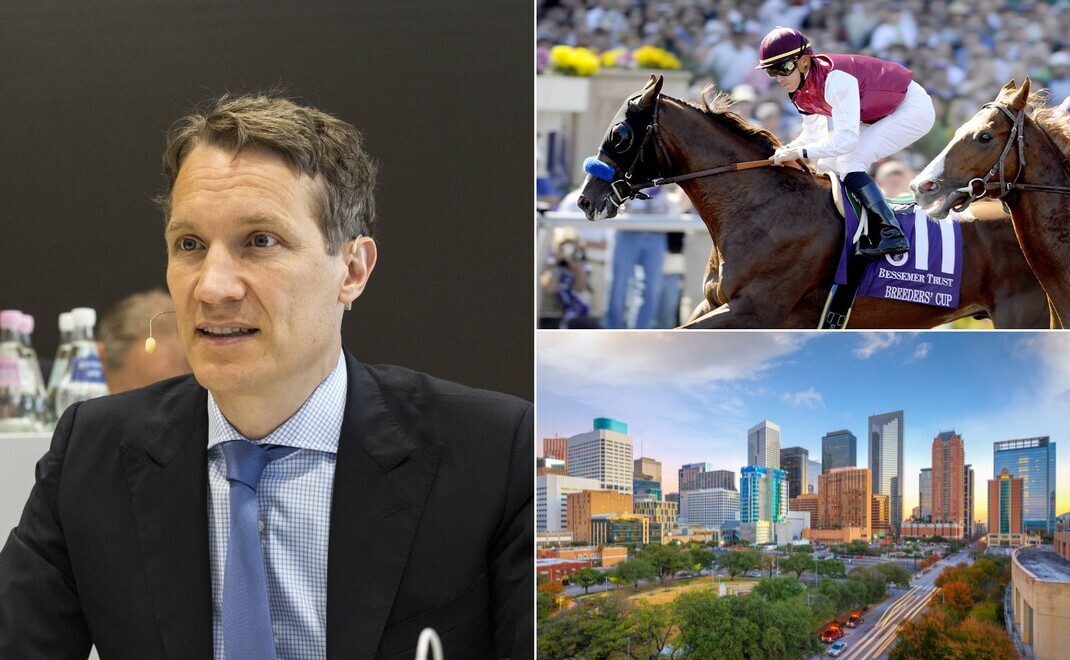 Oliver Samwer (l.), ein Rennpferd mit Sponsoring von Bessemer Trust (r.o.) und die Skyline von Houston