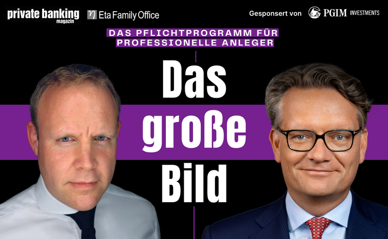 In der neuen Folge von „Das große Bild“ hat Host Christian Hammes (links) Lutz Welge, Leiter der Vermögensverwaltung von Julius Bär, zu Gast. | © private banking magazin