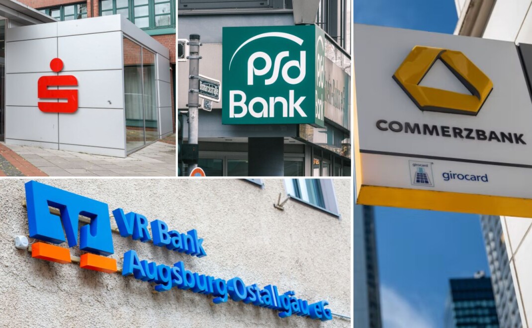 Von links oben im Uhrzeigersinn: Kreissparkasse Steinfurt, PSD Bank Rhein-Ruhr, Commerzbank-Filiale in Frankfurt, VR Bank Augsburg-Allg&auml;u
