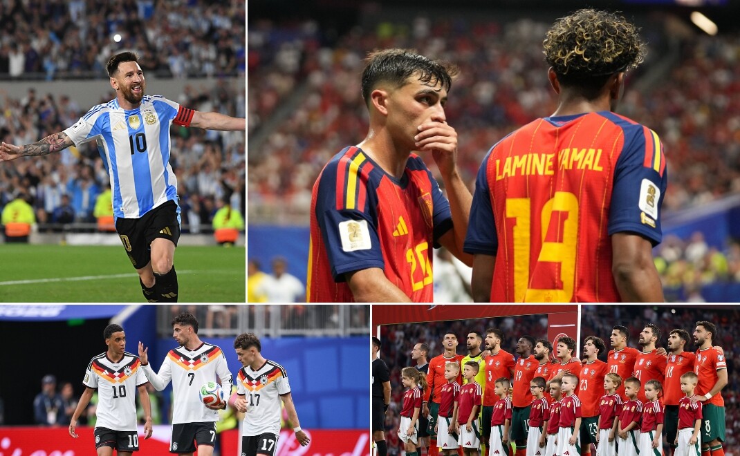 Von links oben nach rechts unten: Lionel Messi (Argentinien), Pedri und Lamine Yamal (Spanien), Jamal Musiala, Kai Havertz und Florian Wirtz (Deutschland), portugiesische Nationalspieler bei der Hymne. 