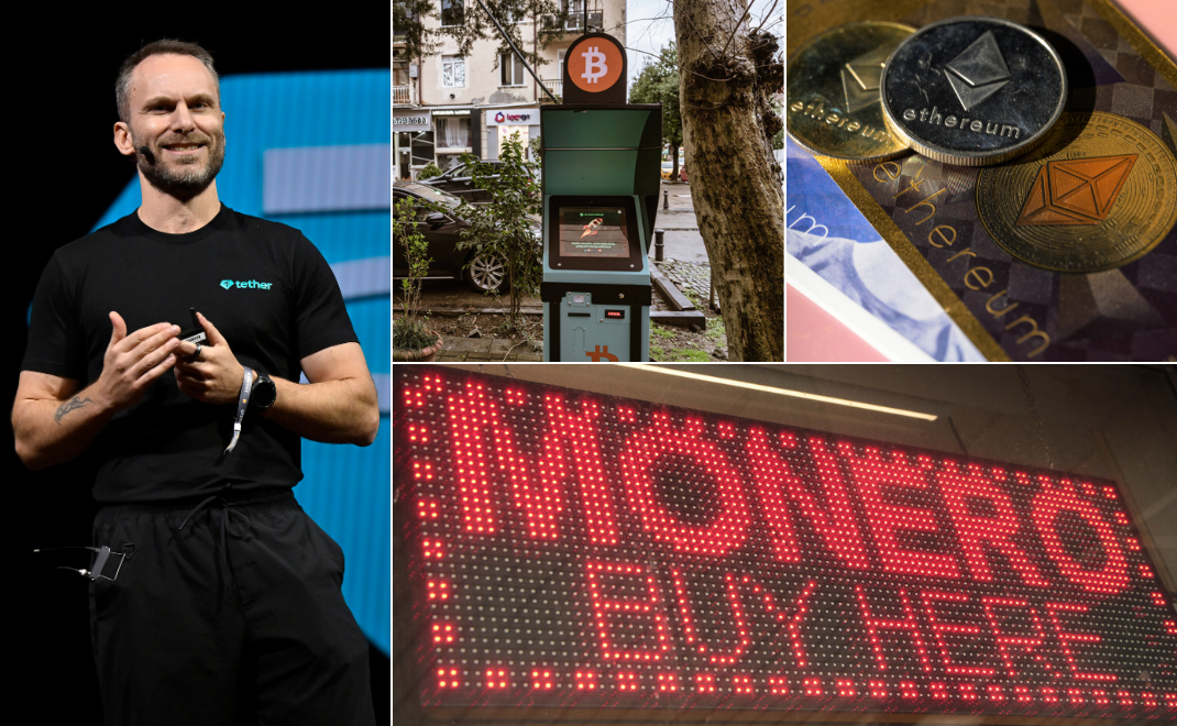 Von links im Uhrzeigersinn: Tether-CEO Paolo Ardoino, Bitcoin-Geldautomat, Kryptow&auml;hrung Ethereum, Monero-Werbung