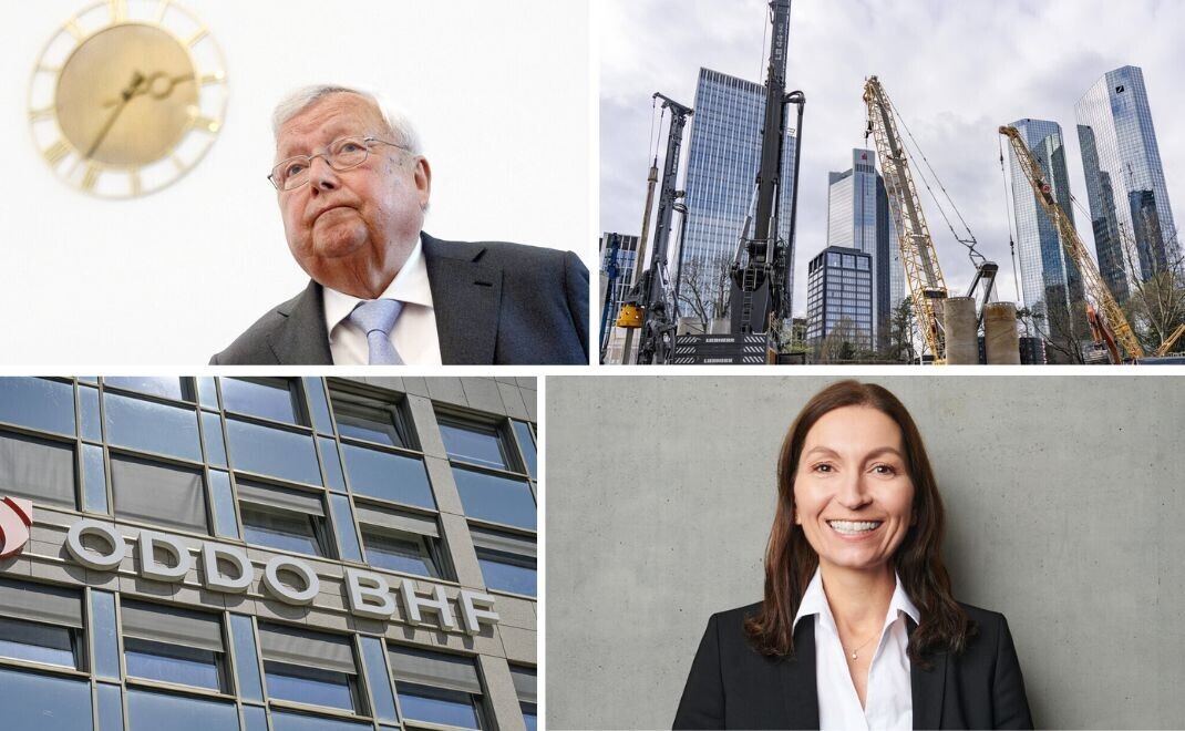 Warburg-Miteigentümer Christian Olearius (v.l. oben im Uhrzeigersinn); Baustelle des Central Business Tower; Logo der Oddo BHF an einer Gebäudefassade; BK-Law Bottermann Khorrami Rechtsanwälte 