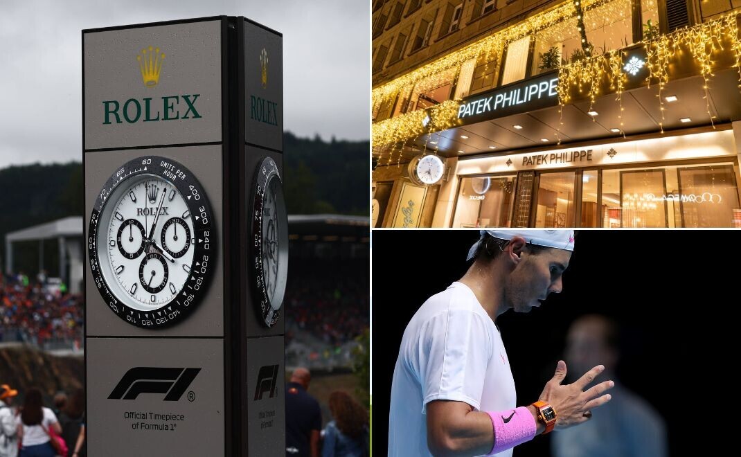 XXL-Uhr von Roley bei einem Formel-1-Rennen in Belgien, Juwelier mit Uhren von Pattek Philippe in Hamburg und Tennisprofi Rafael Nadal mit einem Zeitmesser von Richard Mille am Handgelenk.